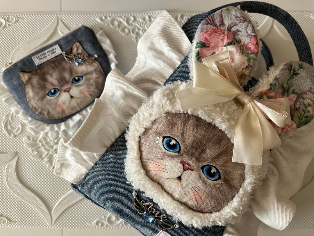 ☆*☆様 コヤンイサムチョン フリル トートバック ポーチ デニム 猫 キャット