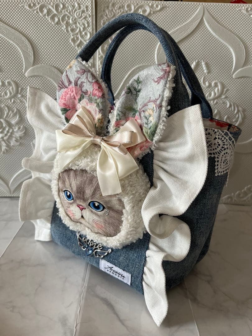 ☆*☆様 コヤンイサムチョン フリル トートバック ポーチ デニム 猫 キャット