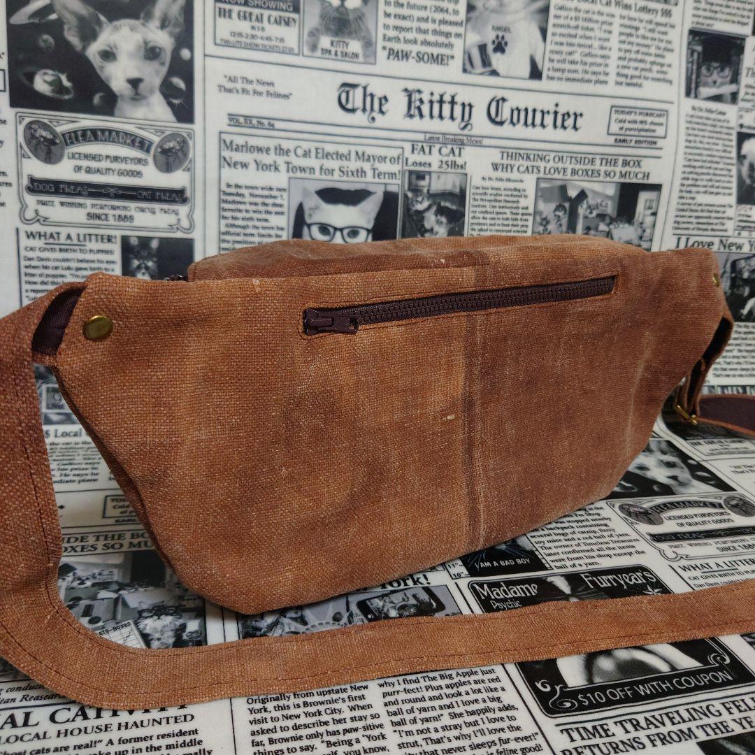 ☬酒袋リメイク☬ボディバッグ/縫い付けショルダー付/柿渋染め/古布/襤褸