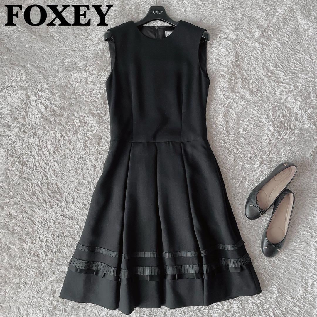 【美品】フォクシー ワンピースドレス ボックスプリーツAライン グログランリボン