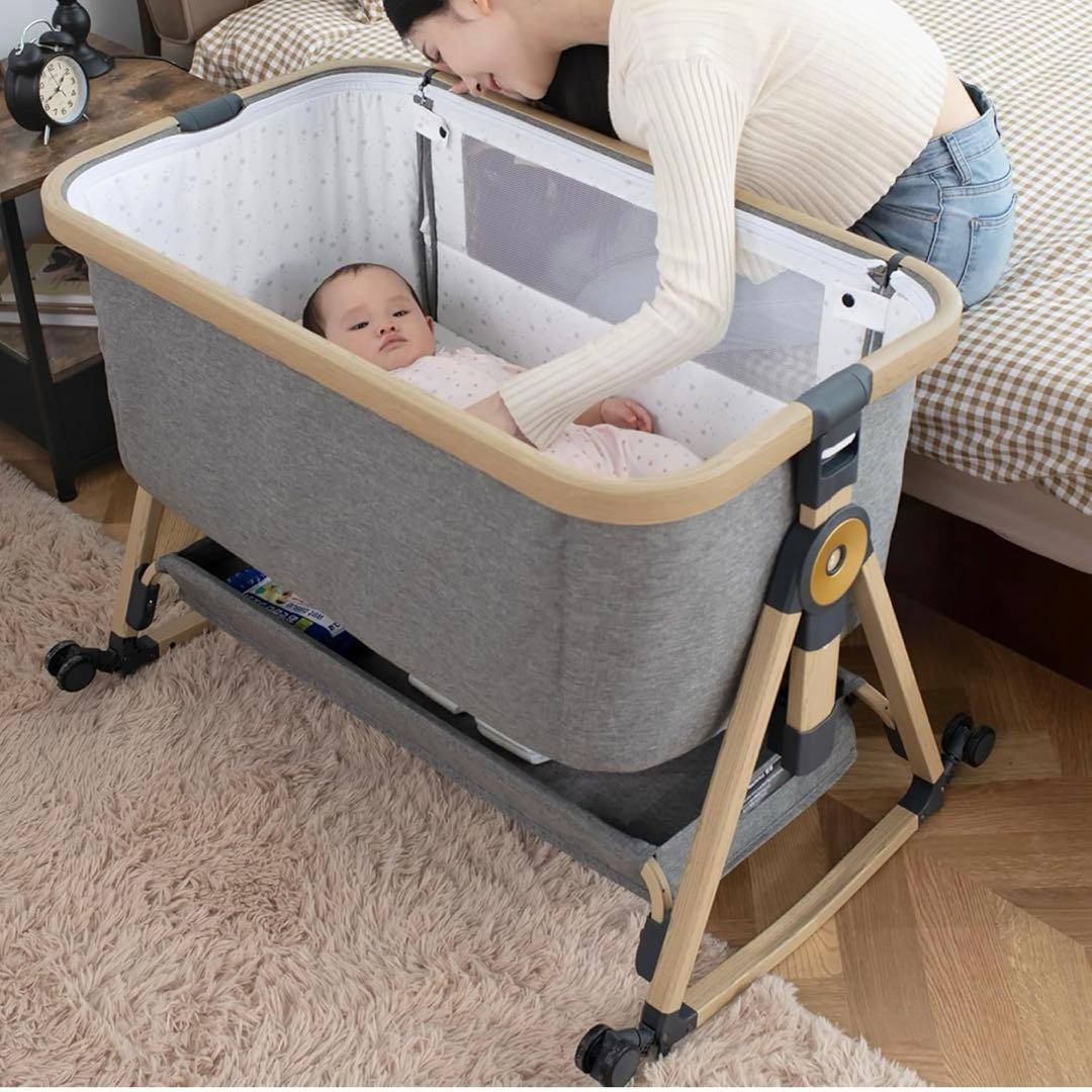 HZDMJ ベビーベッド ゆりかご 蚊帳付き 高さ調節可