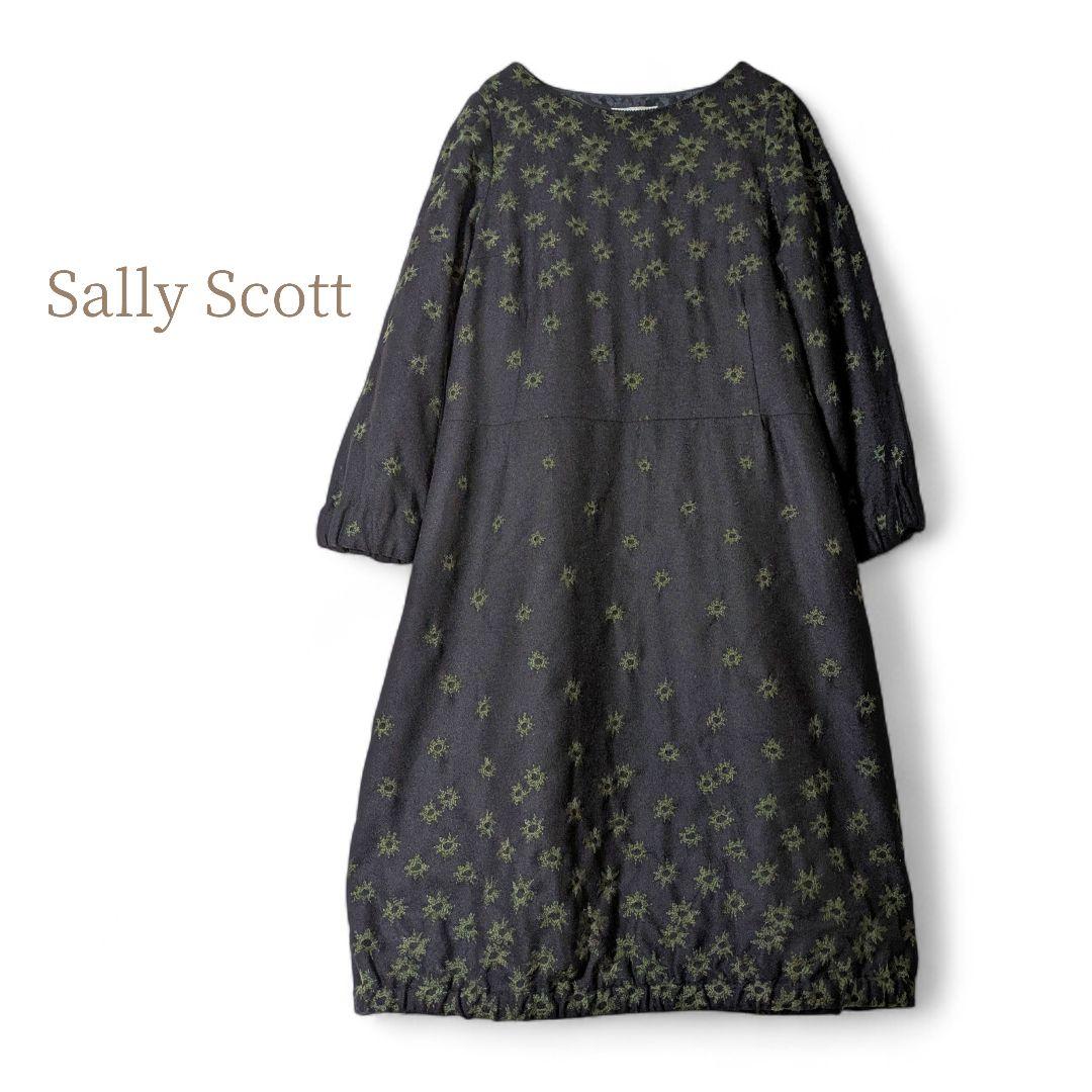 サリースコット／日本製 バルーンシルエット 刺繍入りウールワンピース ブラック黒