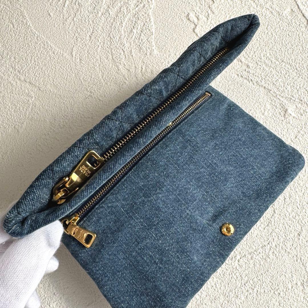 PRADA プラダ デニム 刺繍 クラッチバッグ マルチポーチ フラワー