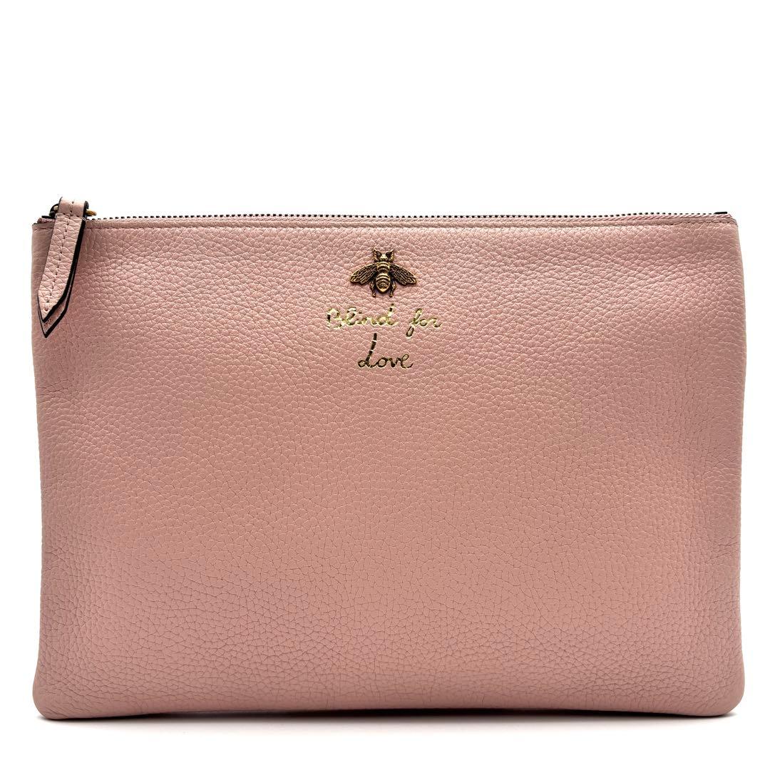 未使用保管品 グッチ クラッチバッグ レザー 本革 ビー Bee ロゴ ピンク