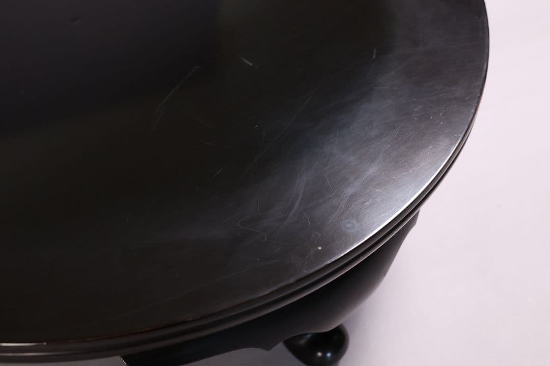 木製 漆塗 古い黒塗丸卓 39.5cm 花台 香炉台 丸形 猫足【MA612】