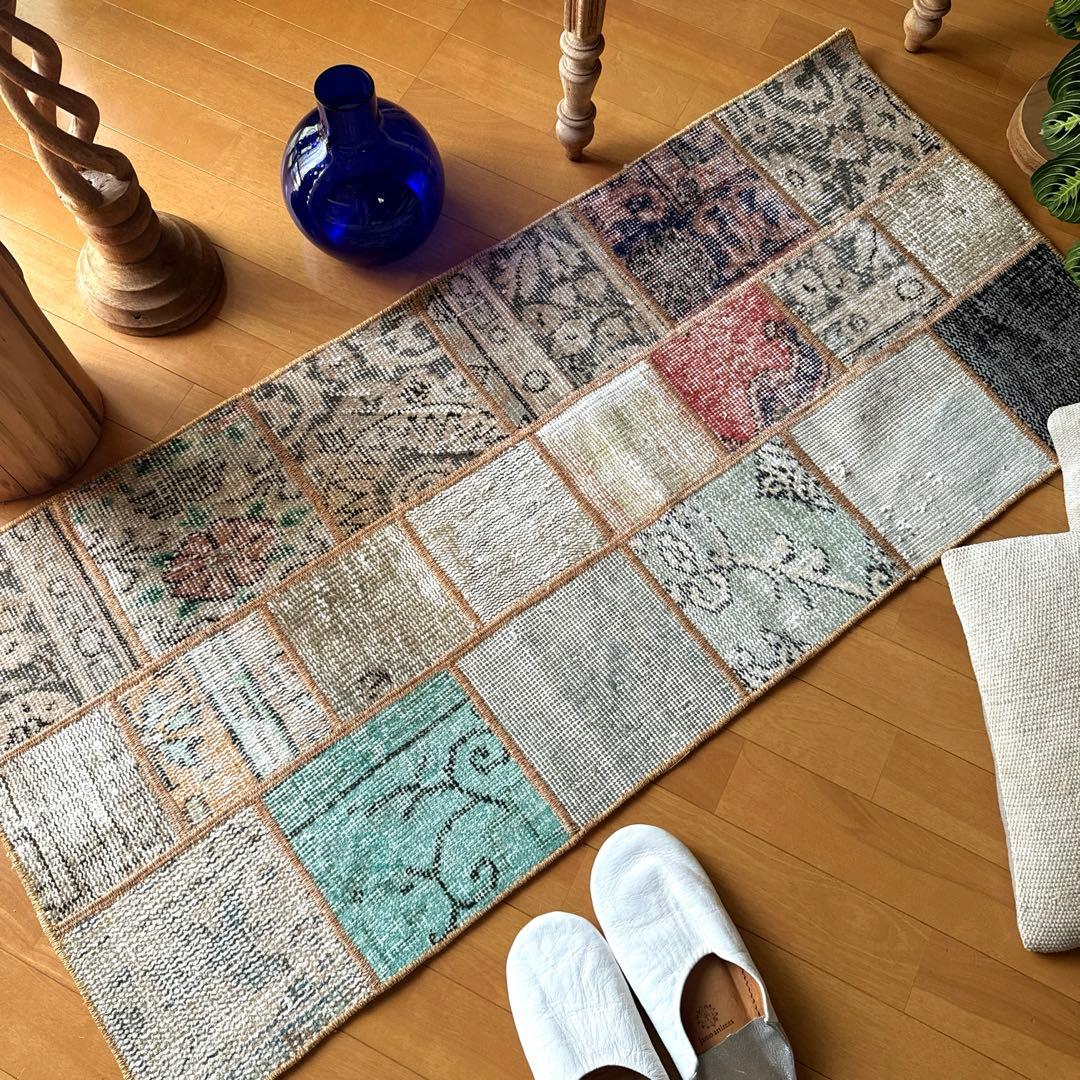 56×122 ブラウンステッチ　パッチワークラグ　トルコヴィンテージラグ