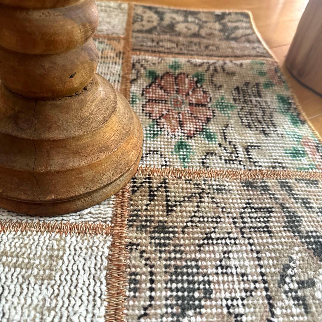 56×122 ブラウンステッチ　パッチワークラグ　トルコヴィンテージラグ