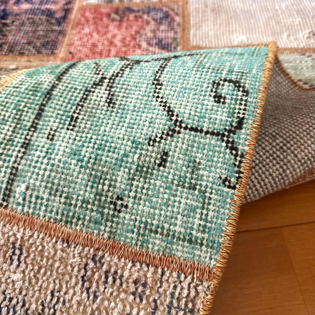 56×122 ブラウンステッチ　パッチワークラグ　トルコヴィンテージラグ