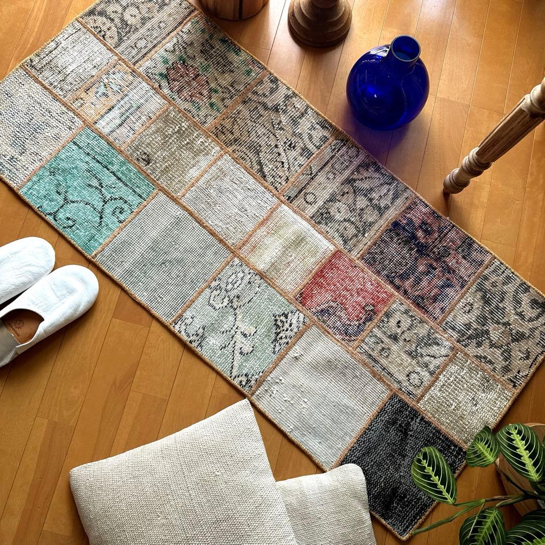 56×122 ブラウンステッチ　パッチワークラグ　トルコヴィンテージラグ