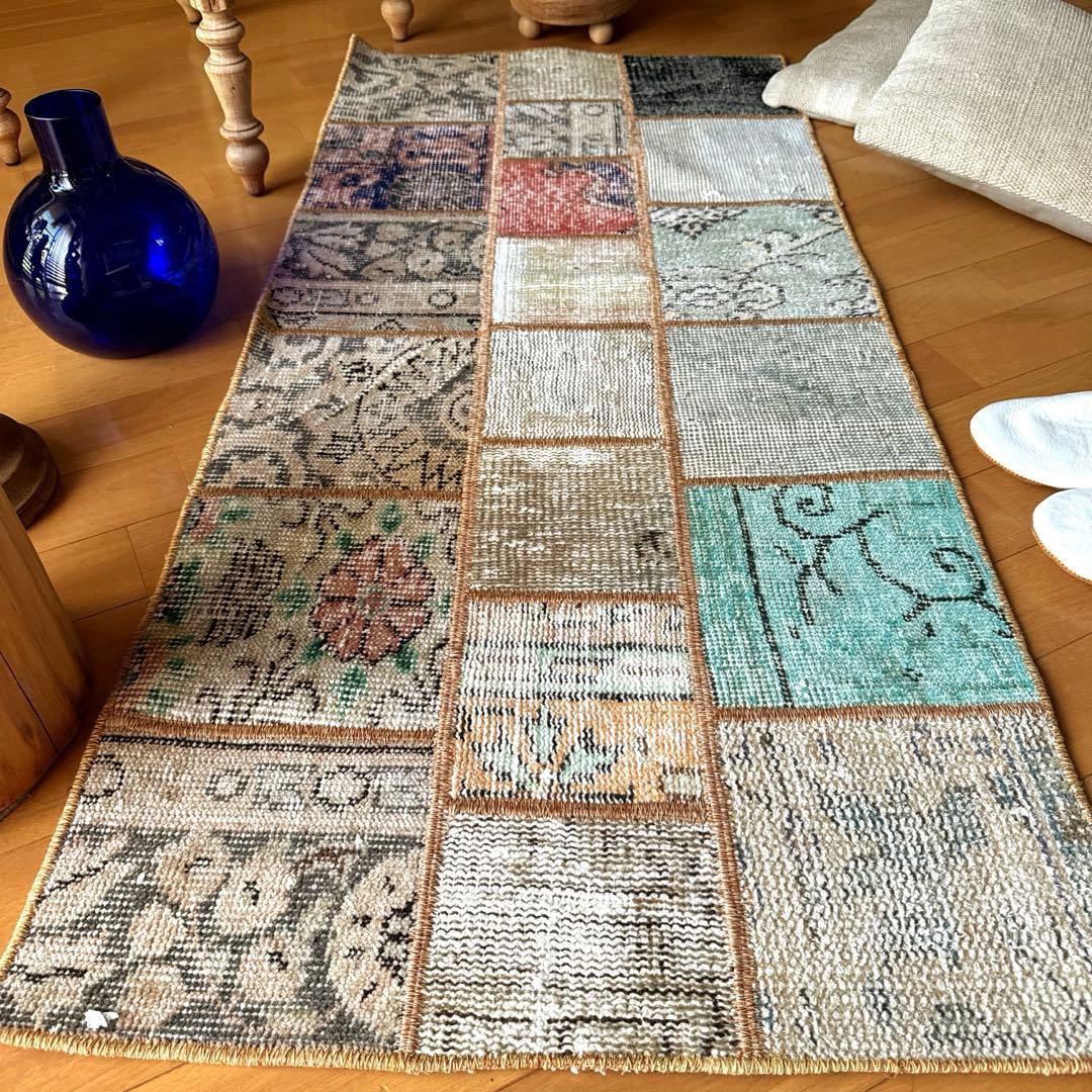 56×122 ブラウンステッチ　パッチワークラグ　トルコヴィンテージラグ
