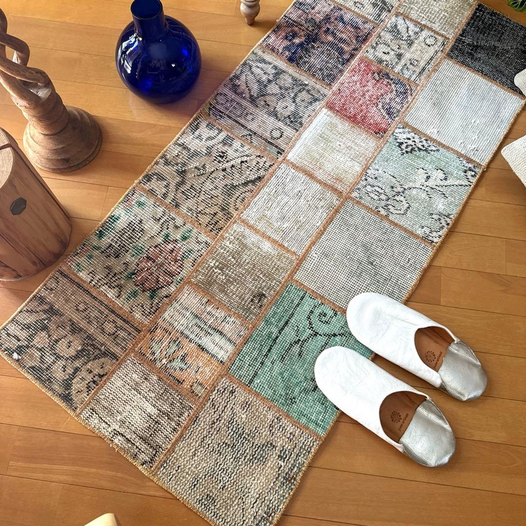 56×122 ブラウンステッチ　パッチワークラグ　トルコヴィンテージラグ