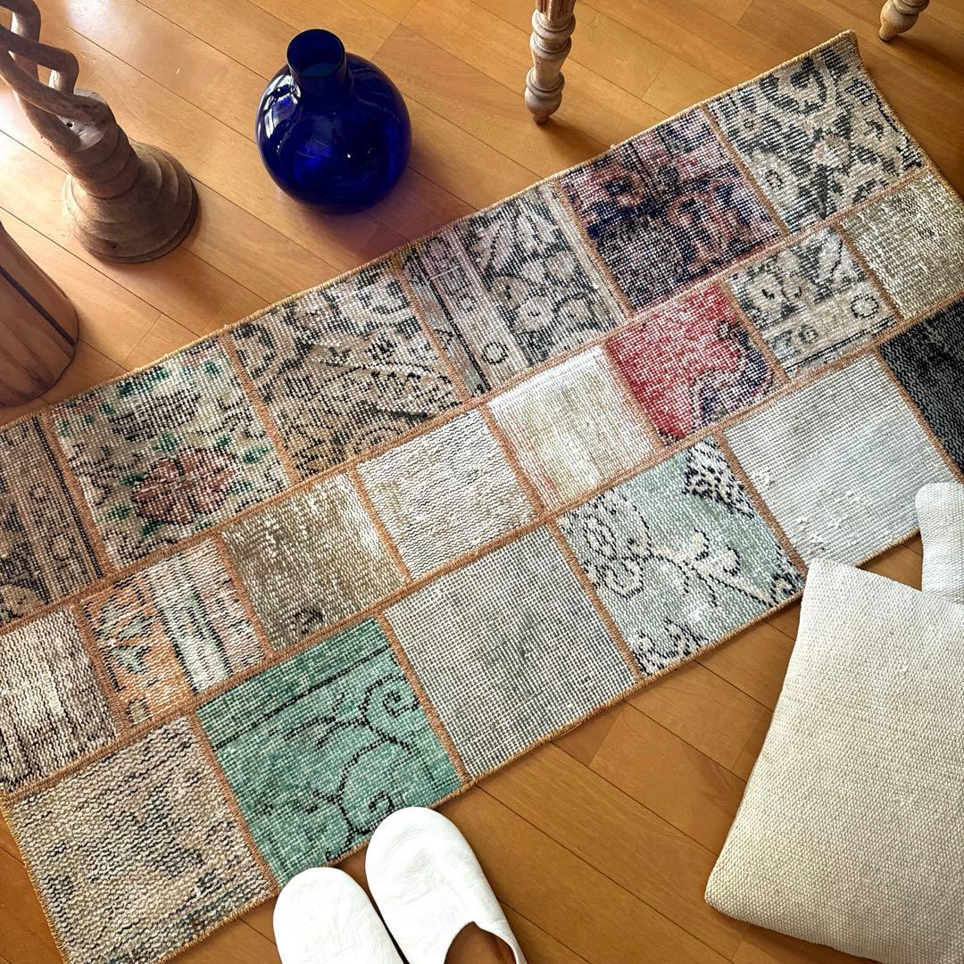 56×122 ブラウンステッチ　パッチワークラグ　トルコヴィンテージラグ