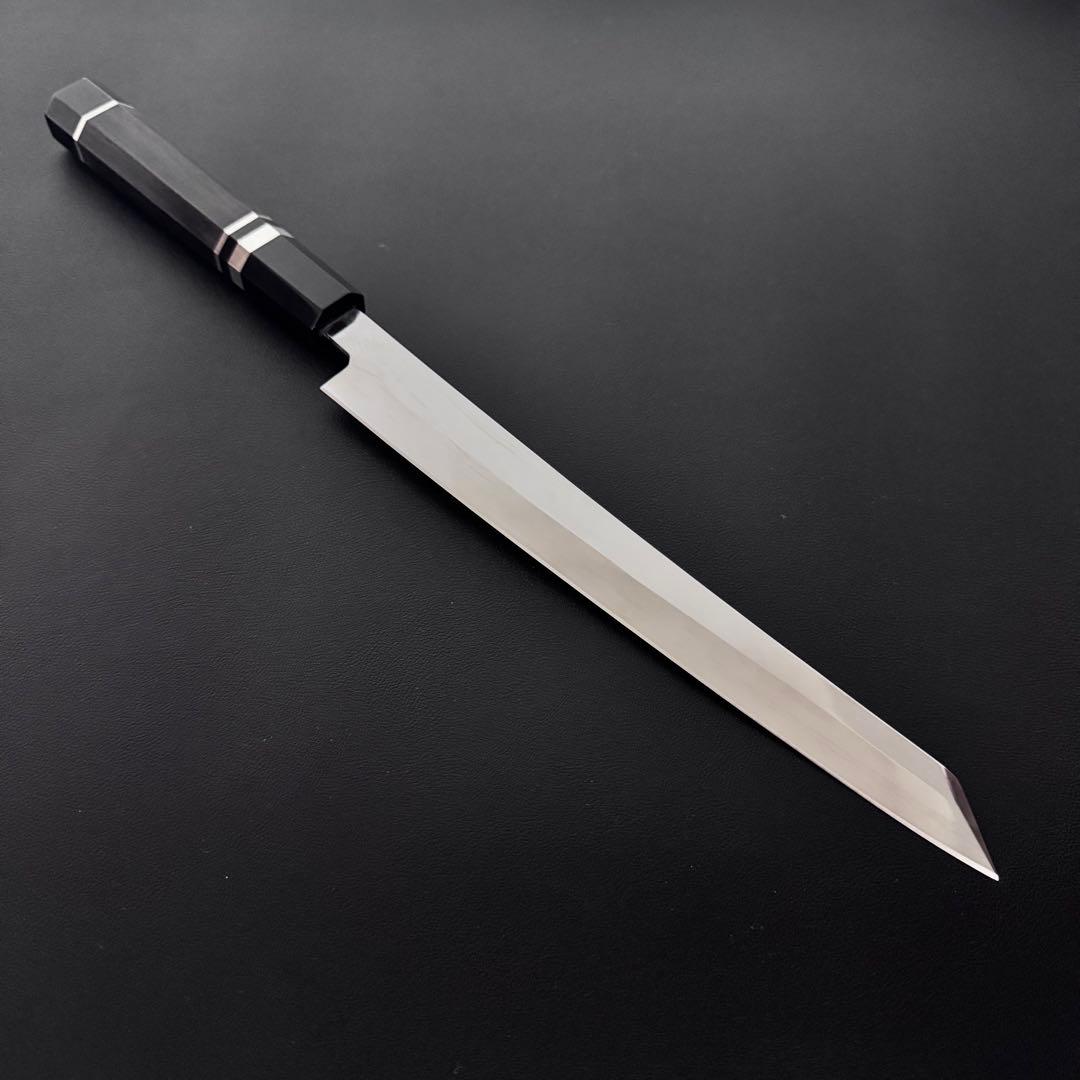 240mm 切付柳刃包丁 鏡面　黒檀黒水牛八角柄 刺身包丁 全鋼