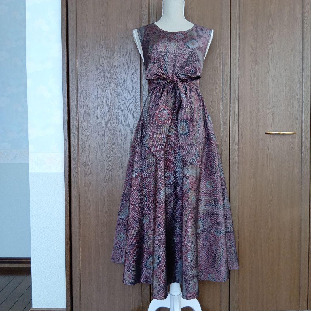 着物リメイク＊本場大島紬　草花柄ワイン＊ノースリーブテント型フレアーワンピース