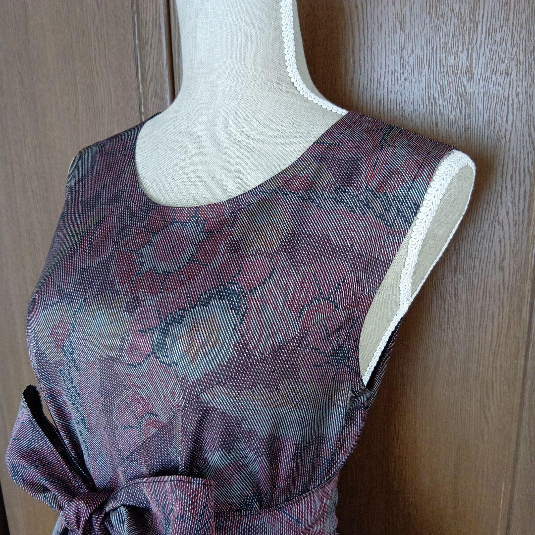 着物リメイク＊本場大島紬　草花柄ワイン＊ノースリーブテント型フレアーワンピース