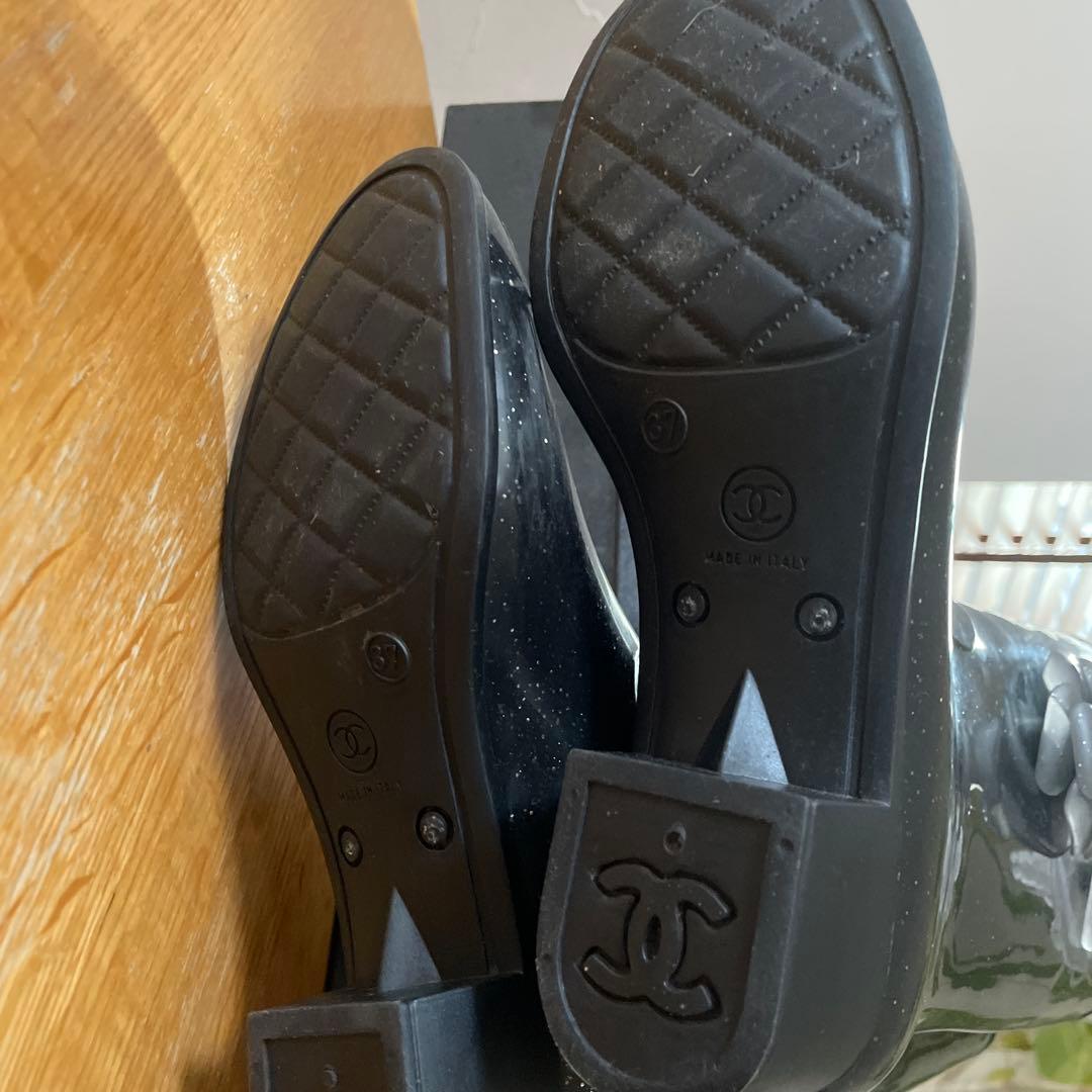 CHANEL レインブーツ　希少シルバーラメ入りカメリア37 極美品