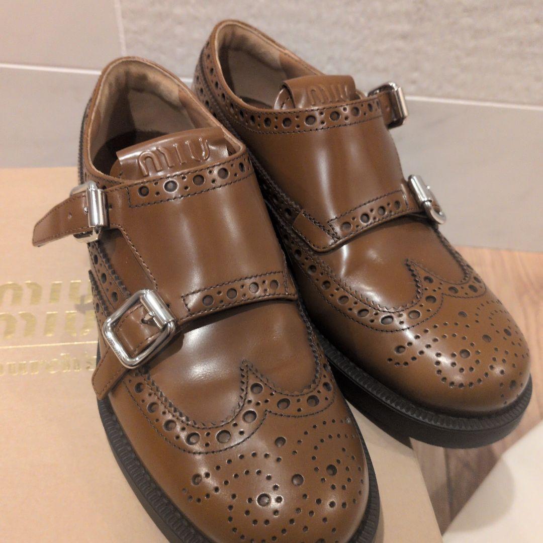 未使用ミュウミュウコラボチャーチ　ローファー　革靴　ダブルモンク ストラップ