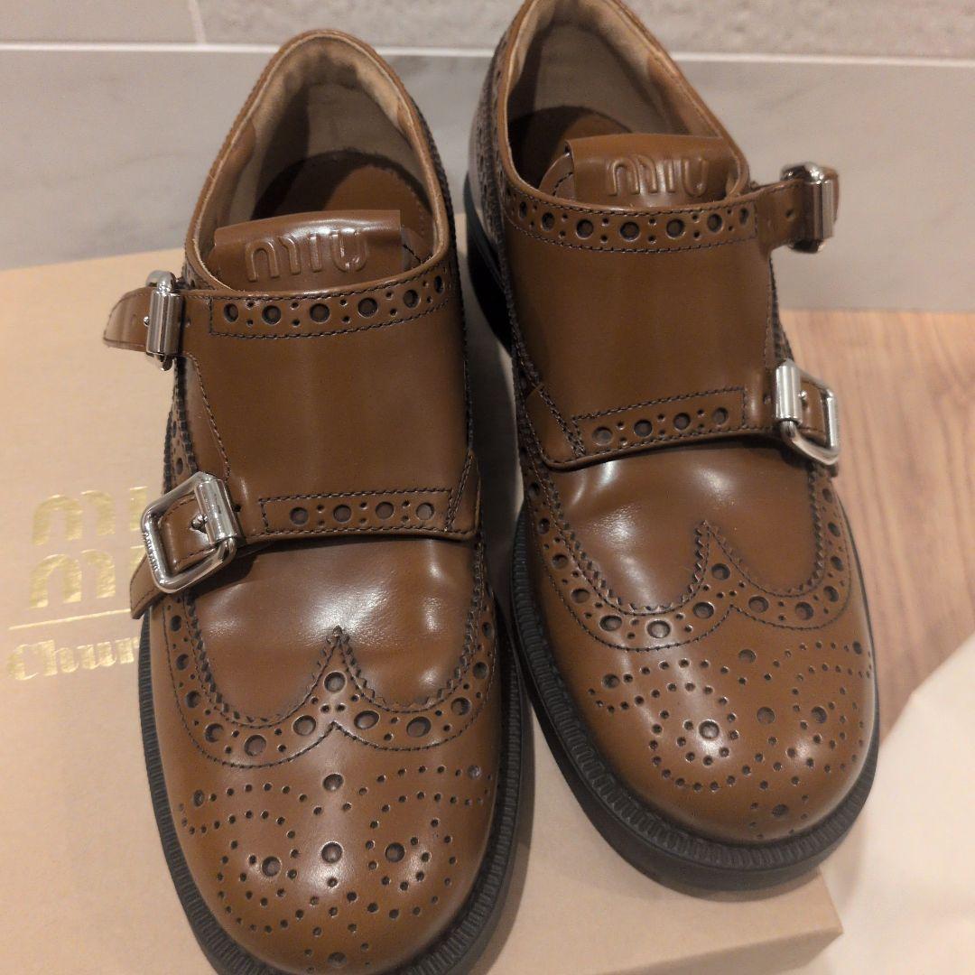 未使用ミュウミュウコラボチャーチ　ローファー　革靴　ダブルモンク ストラップ