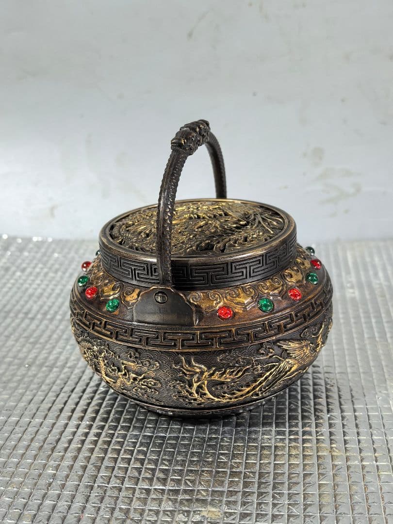 銅手炉　手焙り　香炉　銅暖手炉　龍鳳呈祥透彫火屋　提手銅炉