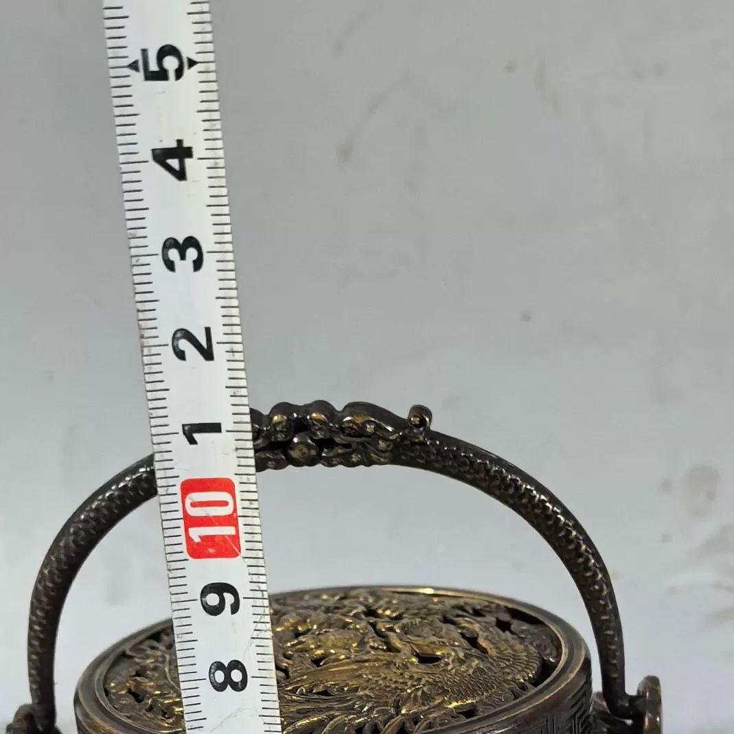 銅手炉　手焙り　香炉　銅暖手炉　龍鳳呈祥透彫火屋　提手銅炉