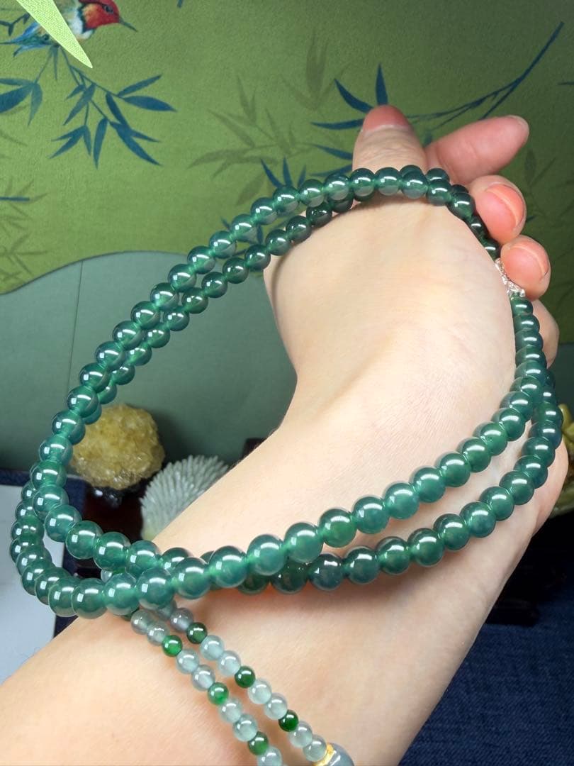 贅沢‼️天然本翡翠　高品質氷種藍緑色味翡翠一連ネックレス　鑑定書付き