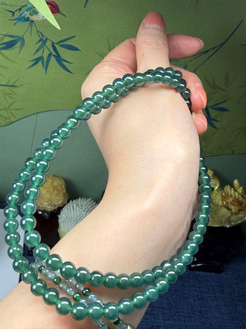 贅沢‼️天然本翡翠　高品質氷種藍緑色味翡翠一連ネックレス　鑑定書付き
