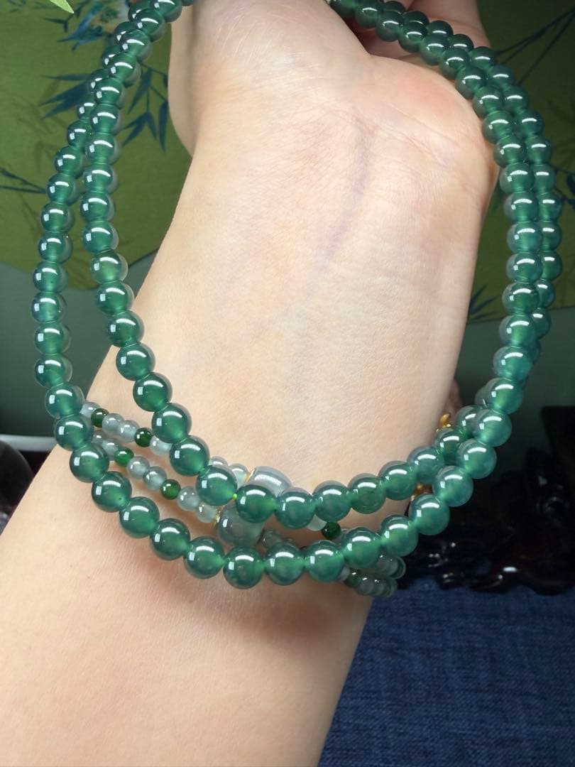 贅沢‼️天然本翡翠　高品質氷種藍緑色味翡翠一連ネックレス　鑑定書付き
