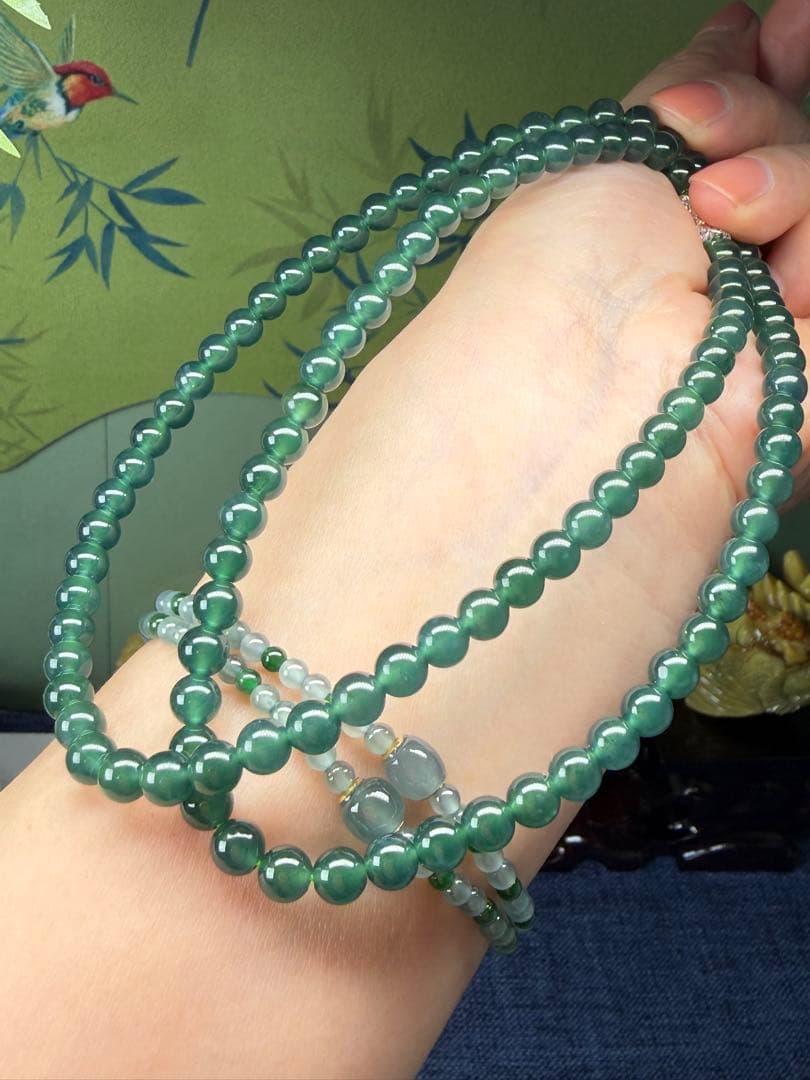 贅沢‼️天然本翡翠　高品質氷種藍緑色味翡翠一連ネックレス　鑑定書付き