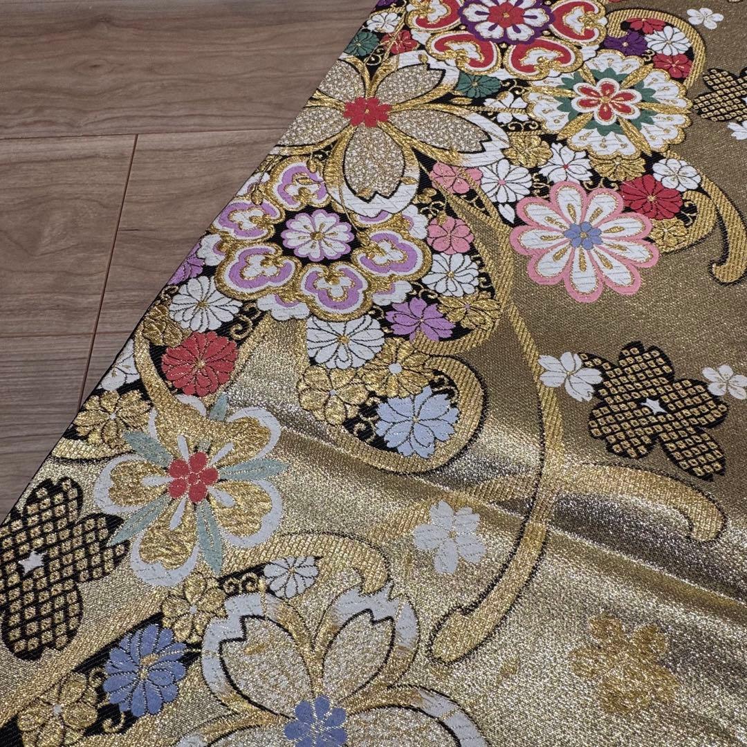 超美品　正絹　袋帯　六通　着物　振袖用　成人式　443 金　黒　白　桜　ピンク