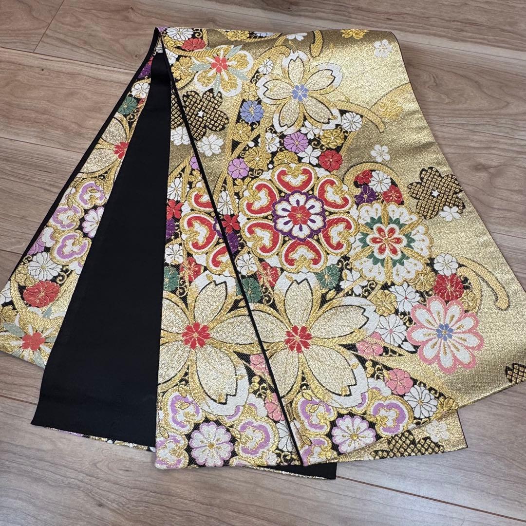 超美品　正絹　袋帯　六通　着物　振袖用　成人式　443 金　黒　白　桜　ピンク