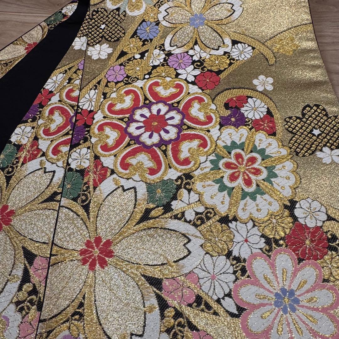 超美品　正絹　袋帯　六通　着物　振袖用　成人式　443 金　黒　白　桜　ピンク