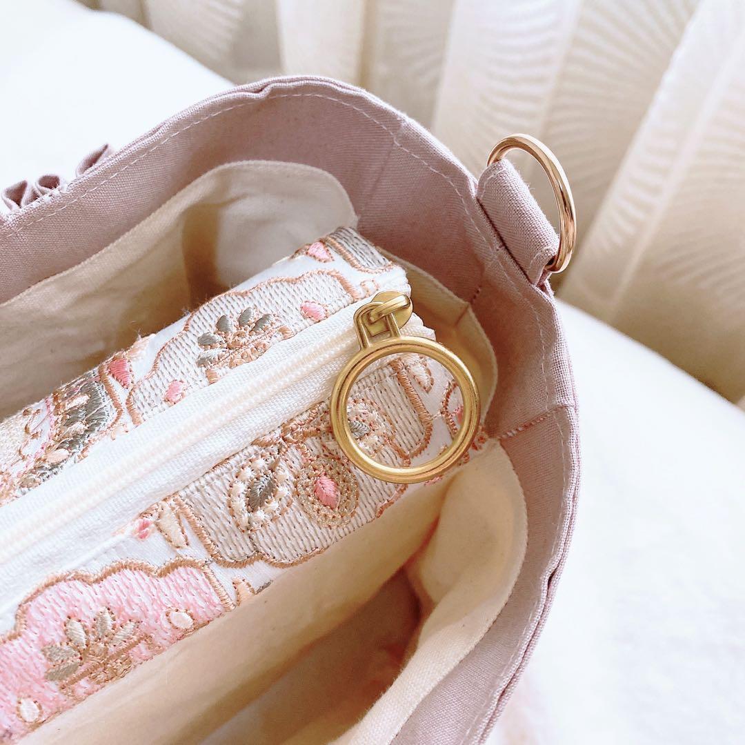 インド刺繍生地 くすみピンク 3ルームフリルトート⑅⿻ ハンドメイド