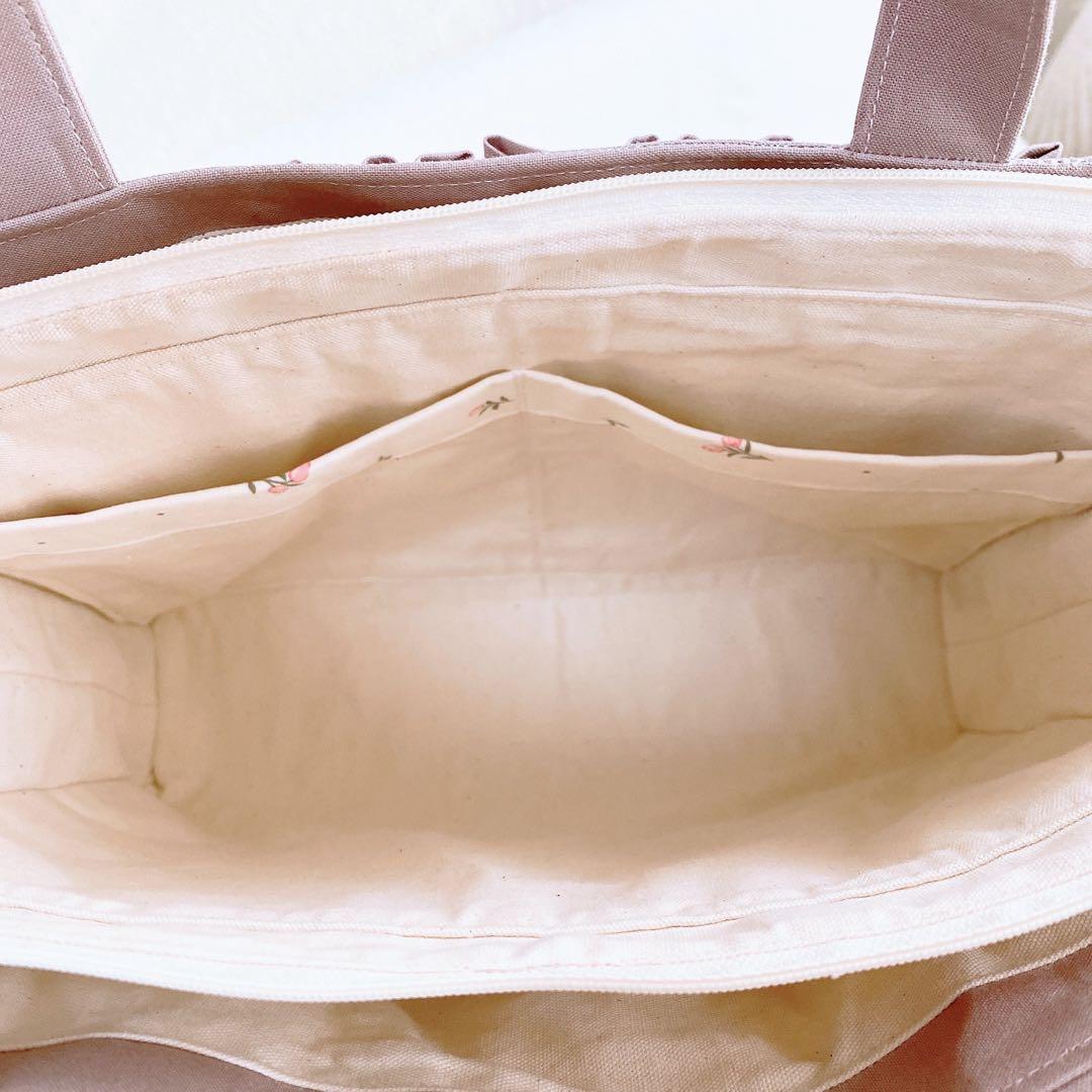 インド刺繍生地 くすみピンク 3ルームフリルトート⑅⿻ ハンドメイド