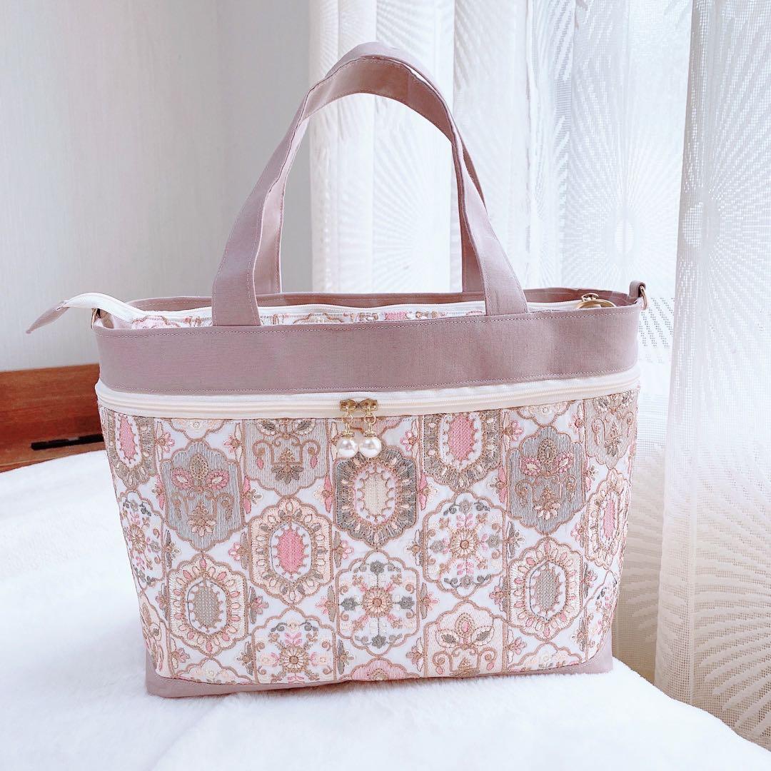 インド刺繍生地 くすみピンク 3ルームフリルトート⑅⿻ ハンドメイド