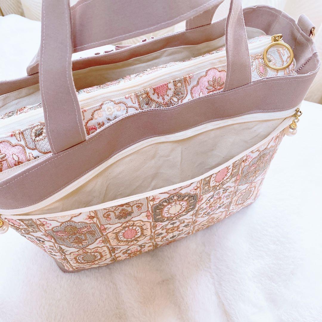 インド刺繍生地 くすみピンク 3ルームフリルトート⑅⿻ ハンドメイド