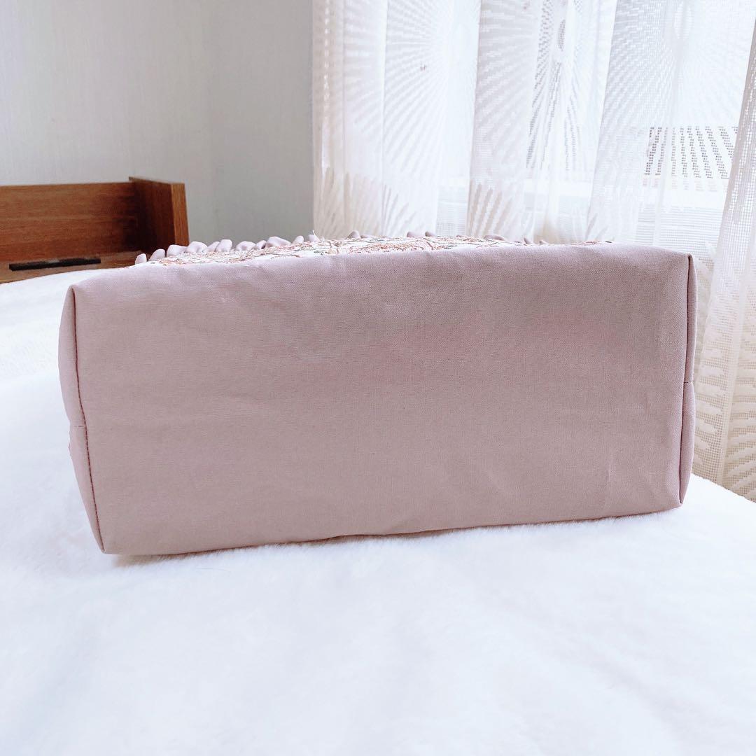 インド刺繍生地 くすみピンク 3ルームフリルトート⑅⿻ ハンドメイド