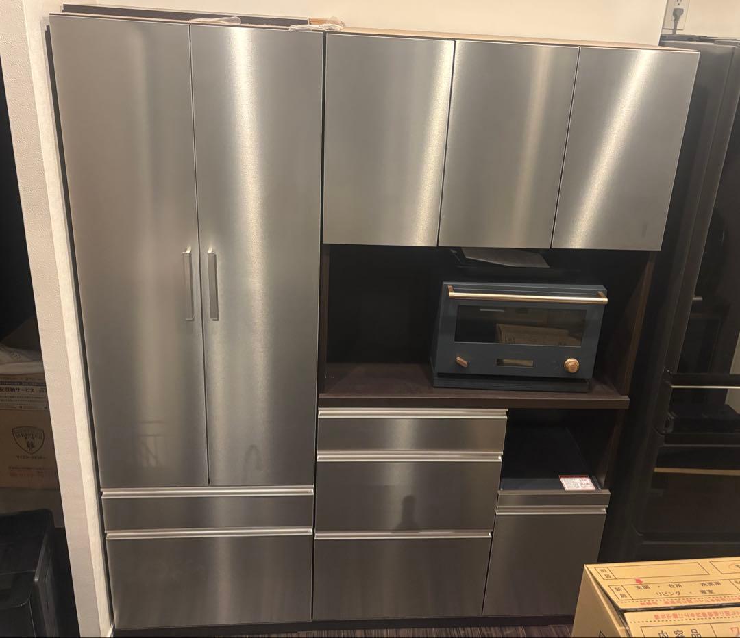 【新宿引取】食器棚＋キッチンボードセット シルバー 2〜3年使用 美品 配送可