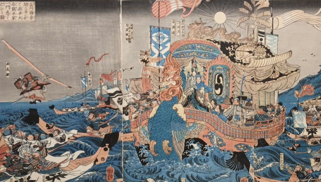 浮世絵版画、長門國赤間の浦に於て源平合戦平家一門悉く亡びる圖歌川国芳画弘化出版