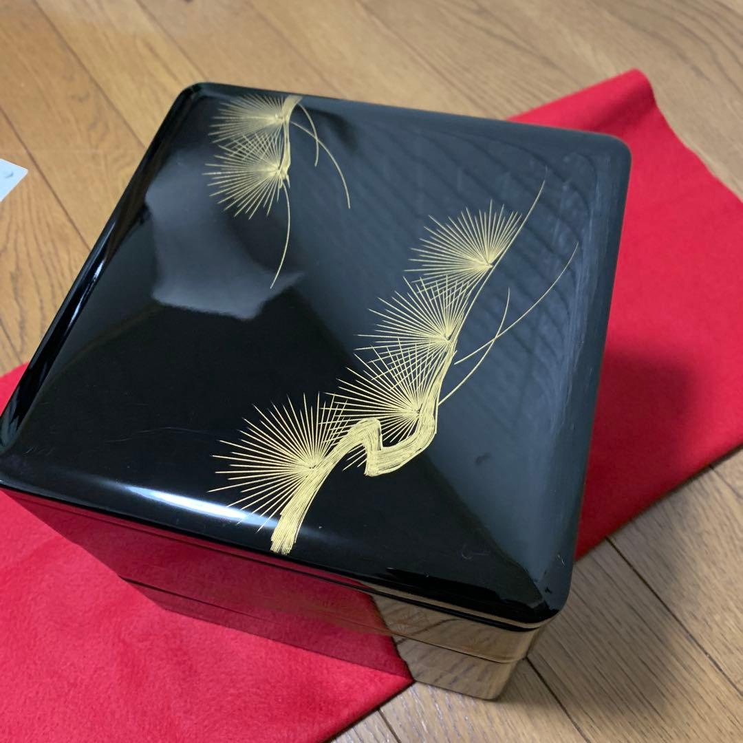 美品　会津漆　沈金　重箱　天然木 沈金枝松