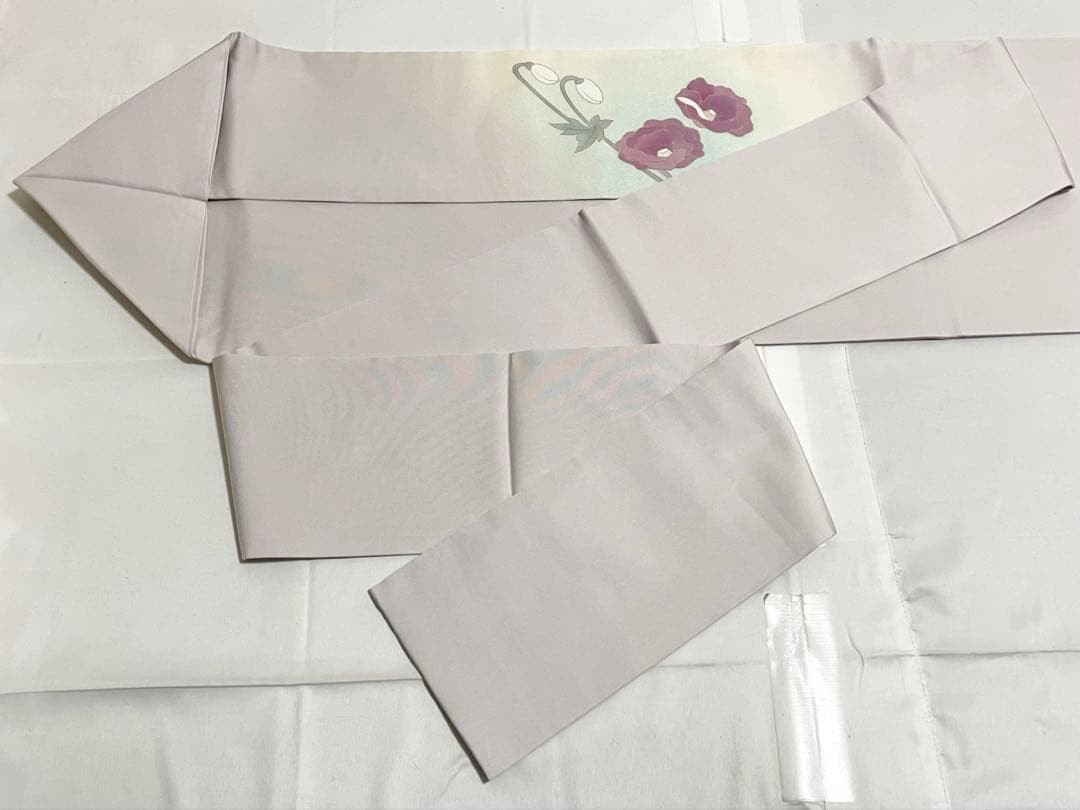 B5 塩瀬 作家物 落款入 ポピー 花模様 染め 紫 正絹 太鼓柄 名古屋帯