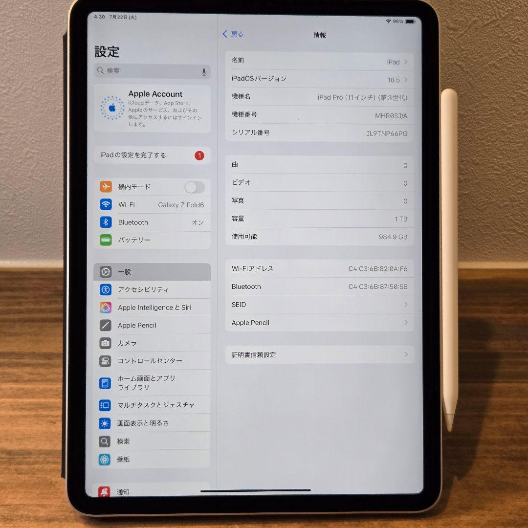 iPad Pro 11 (第3世代) Wi-Fiモデル 1TB スペースグレー