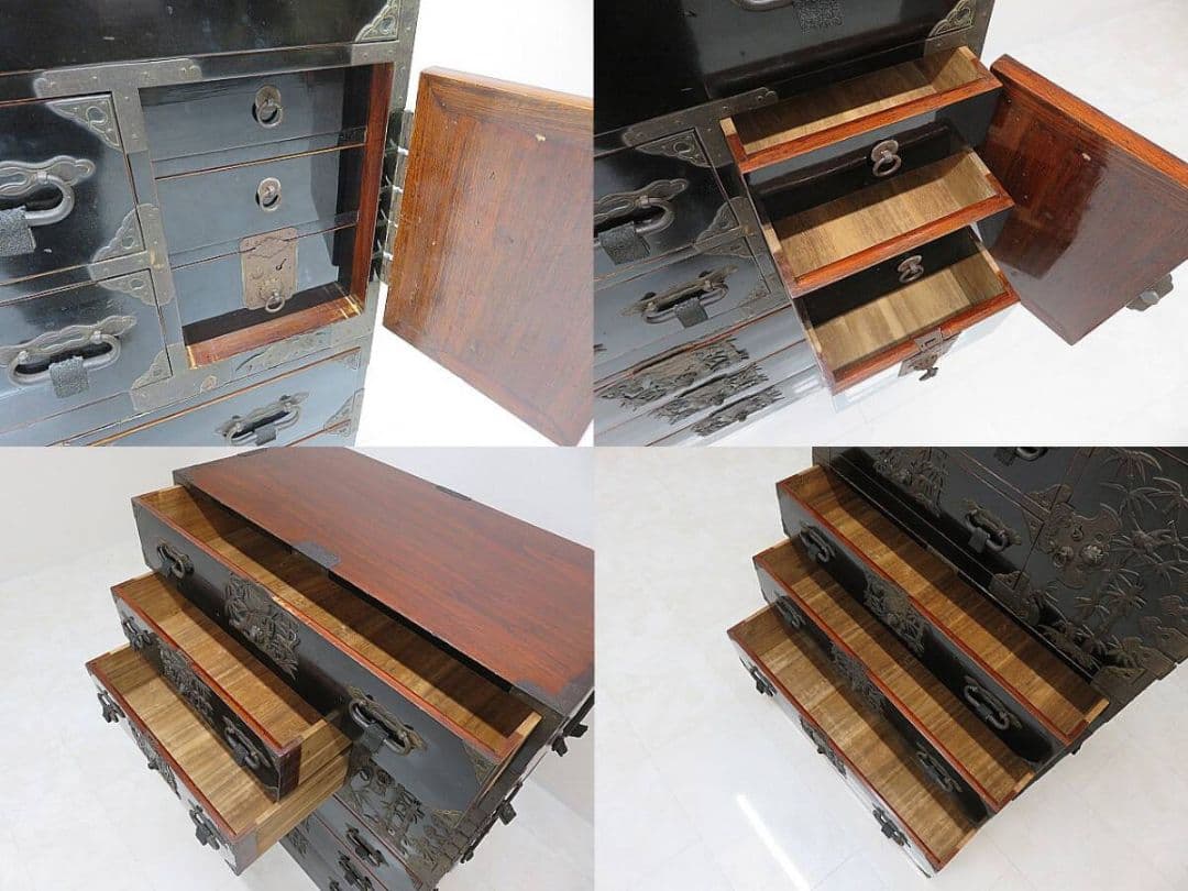 n*u様 黒漆時代箪笥　2段重ね　和箪笥/整理箪笥/着物箪笥　変わり金具/庄内箪