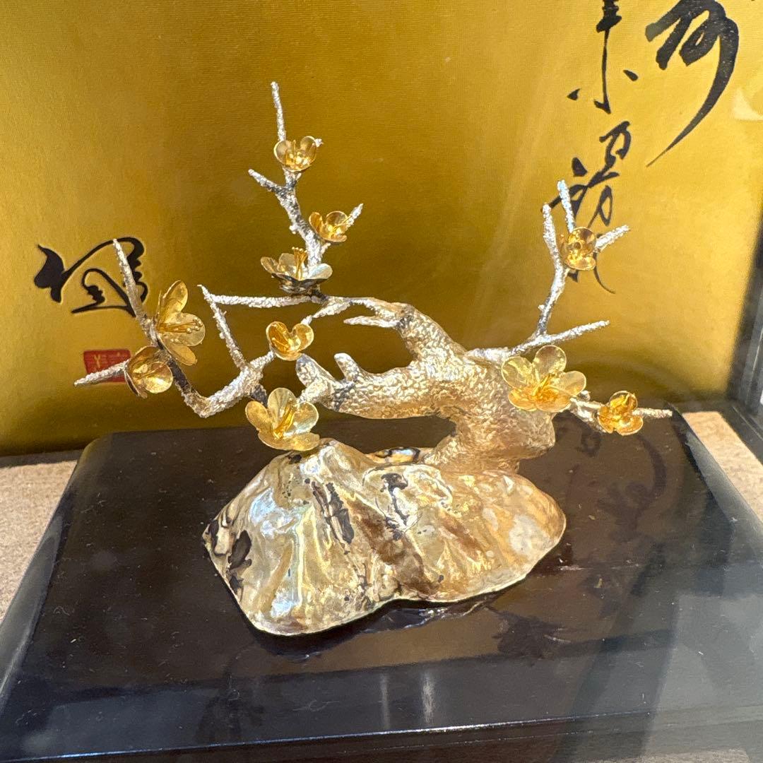 純銀製　松寿　置物　ガラスケース付き