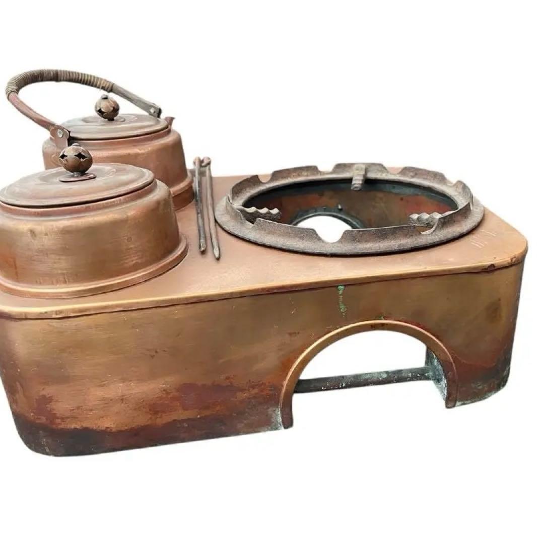 欅調 木製 長火鉢 銅板張り 引き出し付 囲炉裏火鉢 古民具