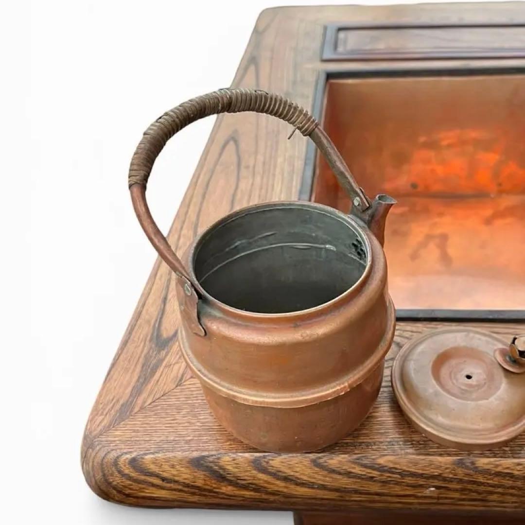 欅調 木製 長火鉢 銅板張り 引き出し付 囲炉裏火鉢 古民具