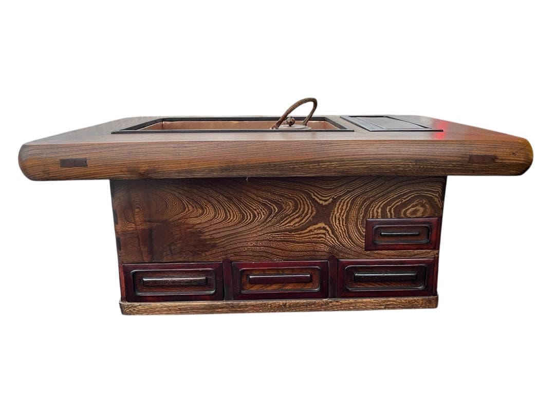 欅調 木製 長火鉢 銅板張り 引き出し付 囲炉裏火鉢 古民具