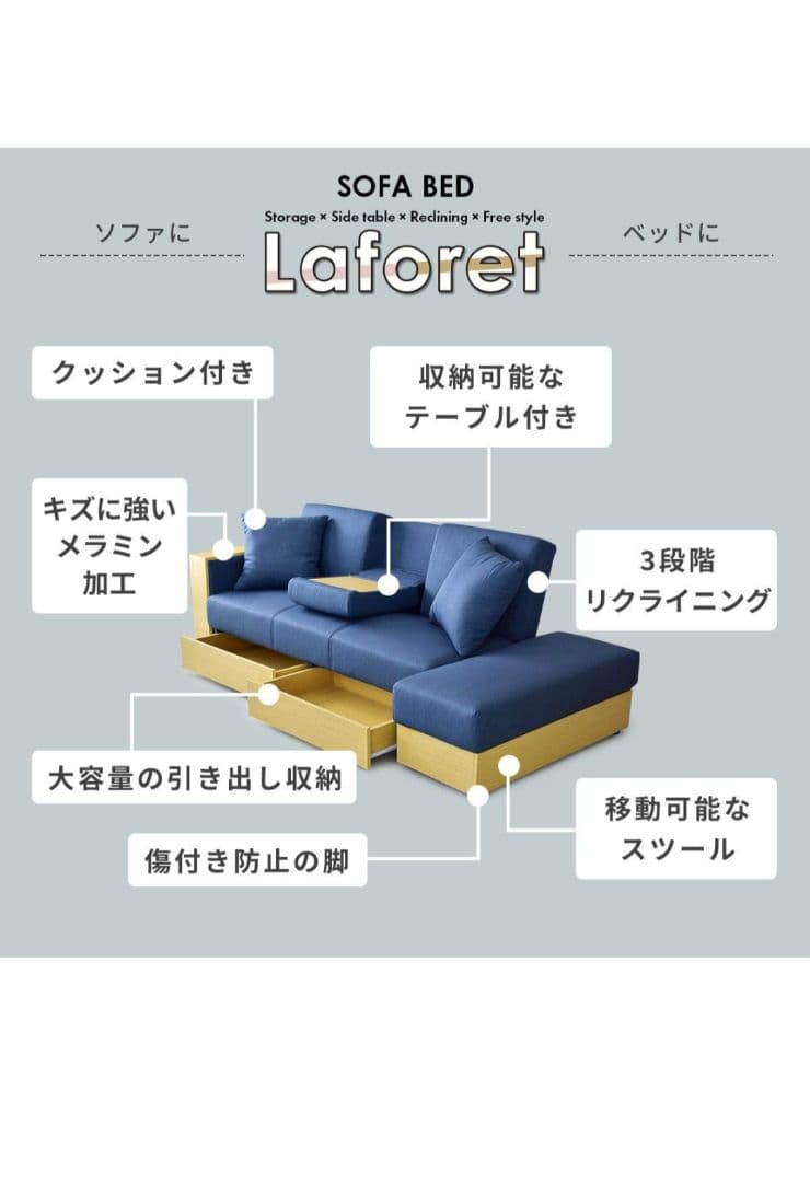 DORIS 3人掛けソファ ソファーベッド 肘付き レザー スツール付き