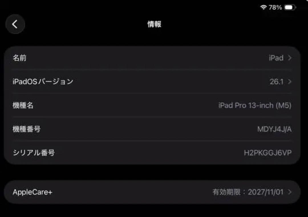 【美品】iPad Pro 13 M5 256GB AppleCare+/他付属品