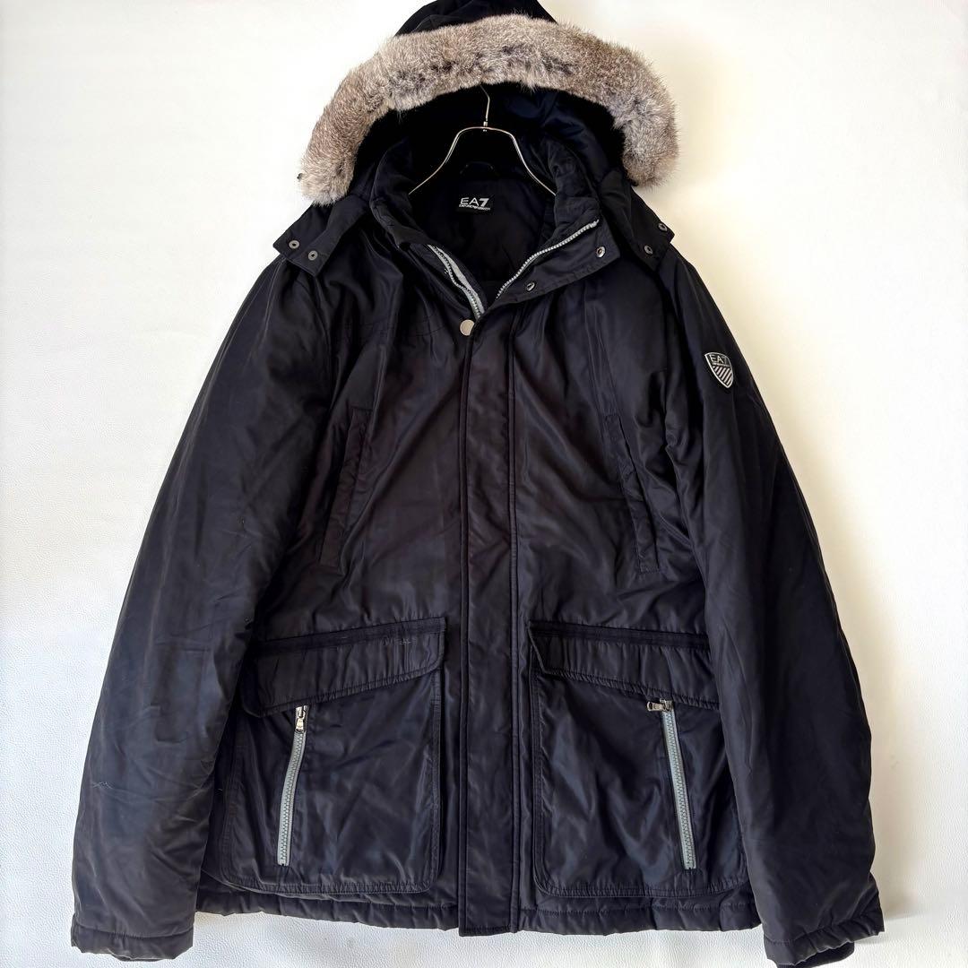 【美品/希少XL】エンポリオアルマーニ 中綿 コート ファー フード脱着可 黒