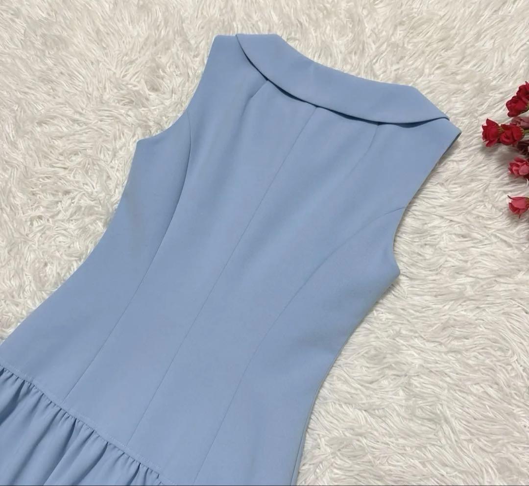 ルネ ノースリーブワンピース ドレス パール 襟つき ストレッチ　水色 32